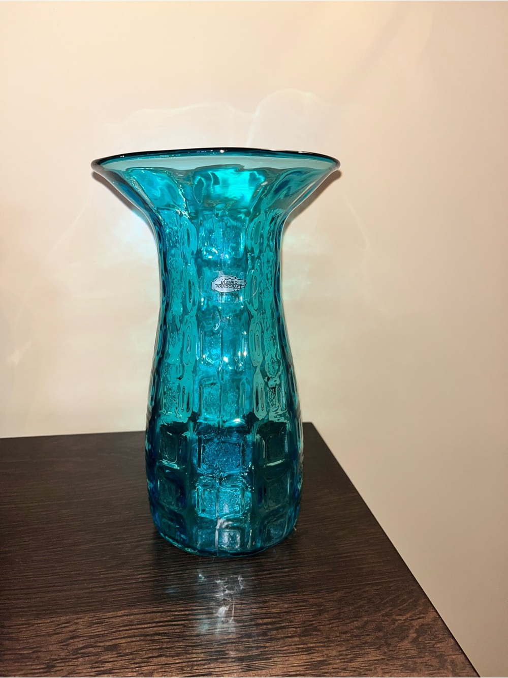 Blenko Rare Glass Turquoise Textured Waffle Trumpet Vase 2016 MCM Style